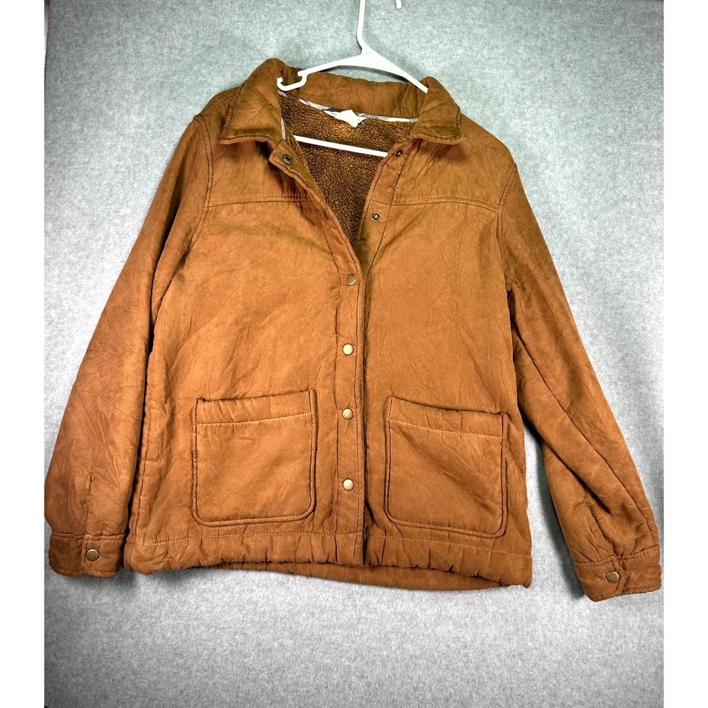 Boston Traders Faux Suede Trucker Jacket Womens Small Brown Fleece Lined Pockets